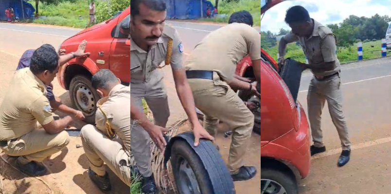 car tyre  exploded while running  car stopped in front of the patrol vehicle  rescued with the help of Tiruvalla police