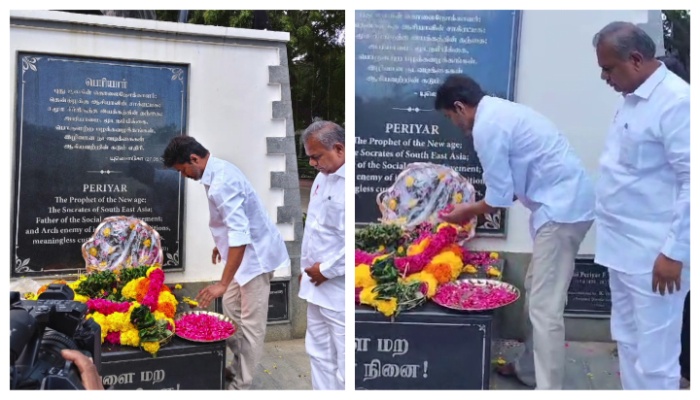 actor vijay reached thanthai periyar memorial with floral tribute