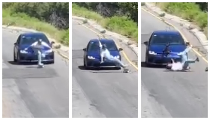 video of a Skateboarder falls in front of car while going at high speed goes viral in social media 