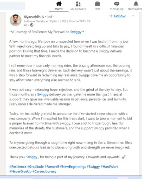 Fired techie forced to work as Swiggy delivery agent shares moving survival story on LinkedIn; see viral post shk