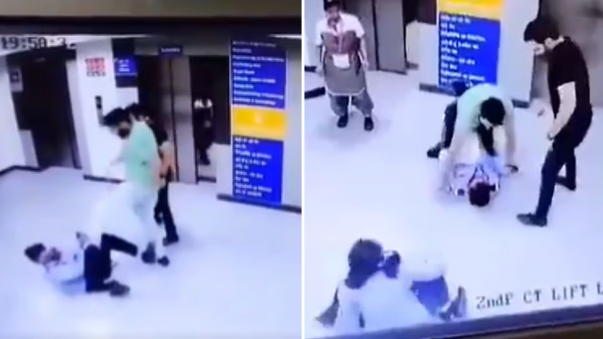 2 men brutally thrash security guard, push woman staff after argument over lift in Noida's JP Hospital (WATCH) shk