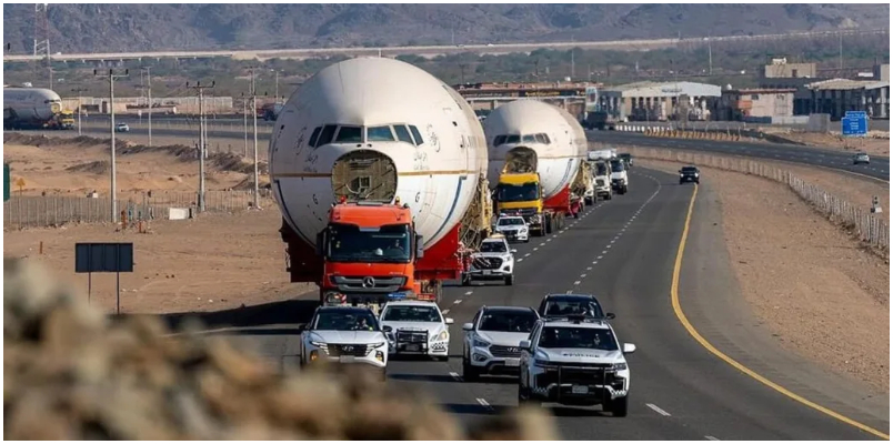 3 Boeing 777 of Saudi Airlines arrived at the runway area in Riyadh by road