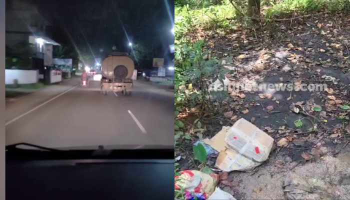 locals chase tanker lorry which dump toilet waste at road side