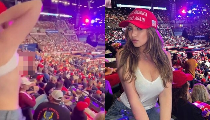 model Ava Louise dragged from seat after flashing Bare Chest in Trump rally san