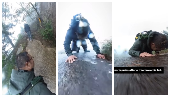 Visuals of a tourist slipping and falling into a steep gorge have gone viral on social media