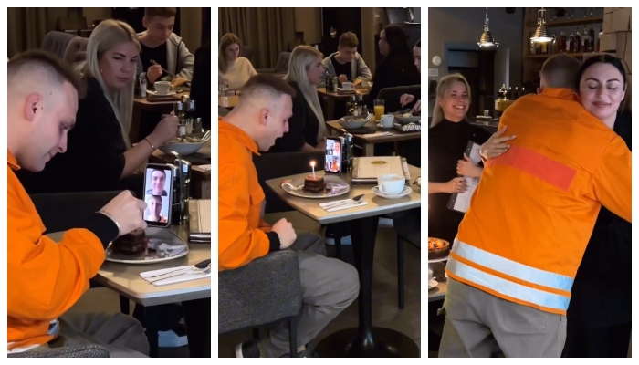 Restaurant staff prepares a surprise for a young man who saw him cutting a cake alone on his birthday