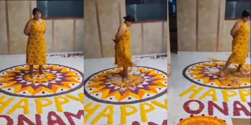 woman trampled and destroyed the pookalam in Bengaluru flat