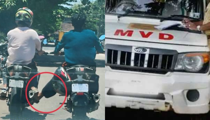 MVD warning against towing two wheeler with leg on road 