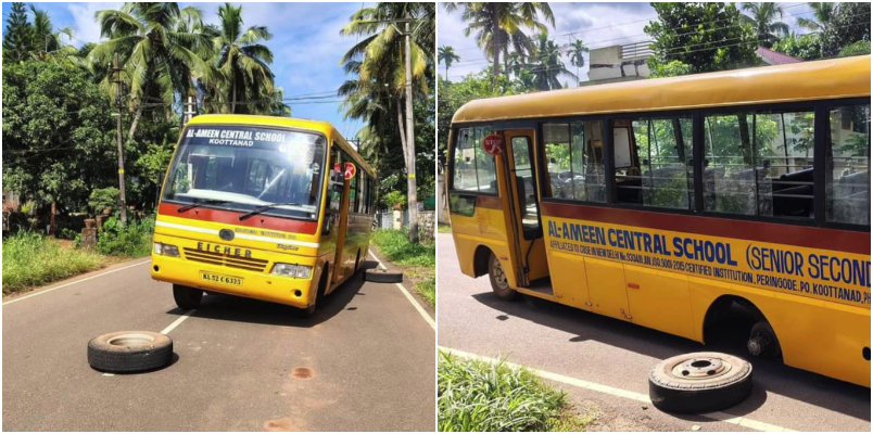 tyre of moving school bus detached which was going with students to school in Palakkad