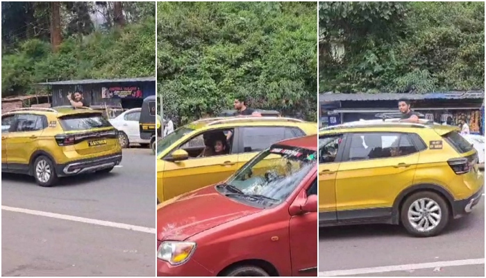 rash driving young man sitting on car door visuals form Munnar Gap road  