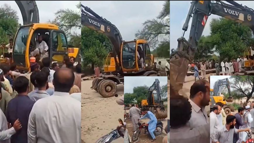 pakistan viral video Crowd Assembles to Oppose Eviction: Hitachi Driver's Move Clears the Area in second