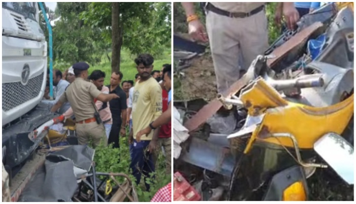 seven killed and three injured as a heavy truck rammed on to a passenger autorickshaw 