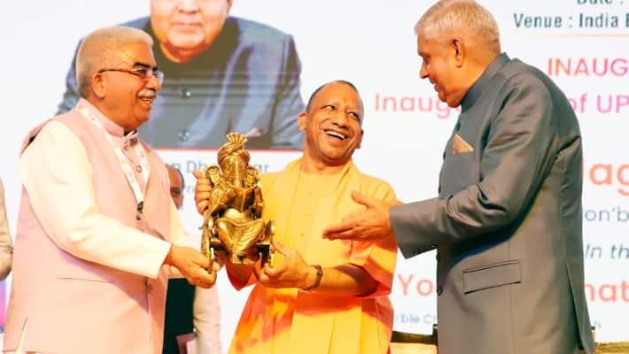 UP International Trade Show 2024 Vice President Dhankhar Praises CM Yogi Adityanaths Leadership vel