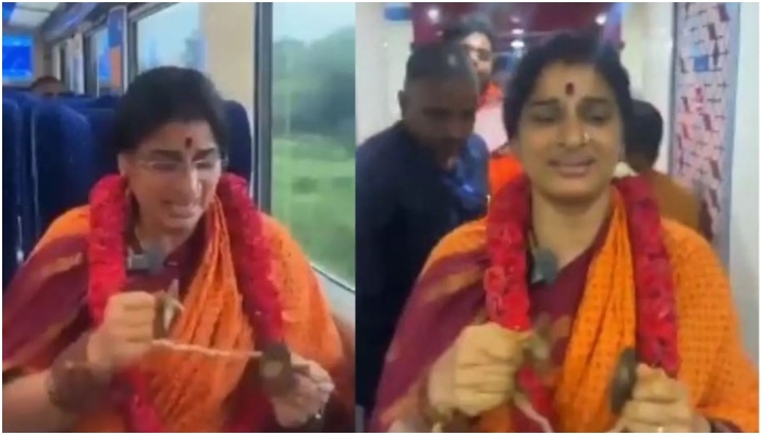 BJP Leader Madhavi Latha  Video Joins Bhajana on Vande Bharat  Train 