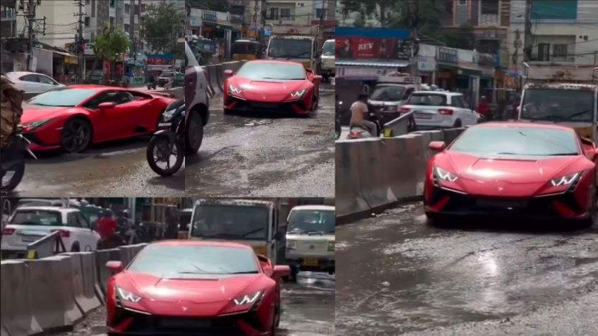 Viral Video: Lamborghini Struggles on Pothole Ridden Telangana Streets