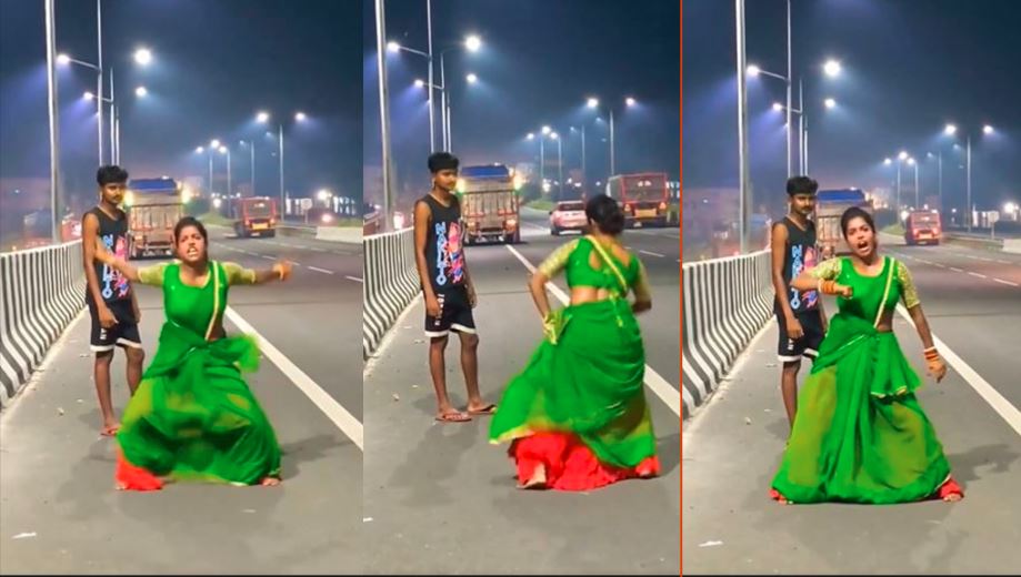 saree clad womans bindass dance on road shakes the bridge watch Viral Video 