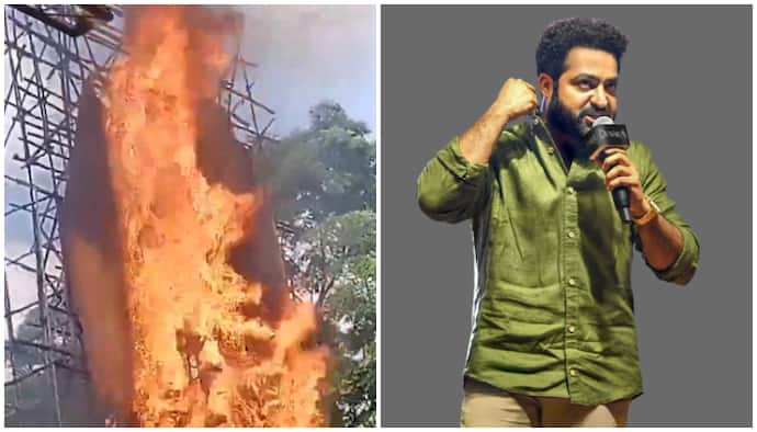 Fans set Jr NTR’s cut-out on fire at Hyderabad theatre during Devara screening [WATCH]