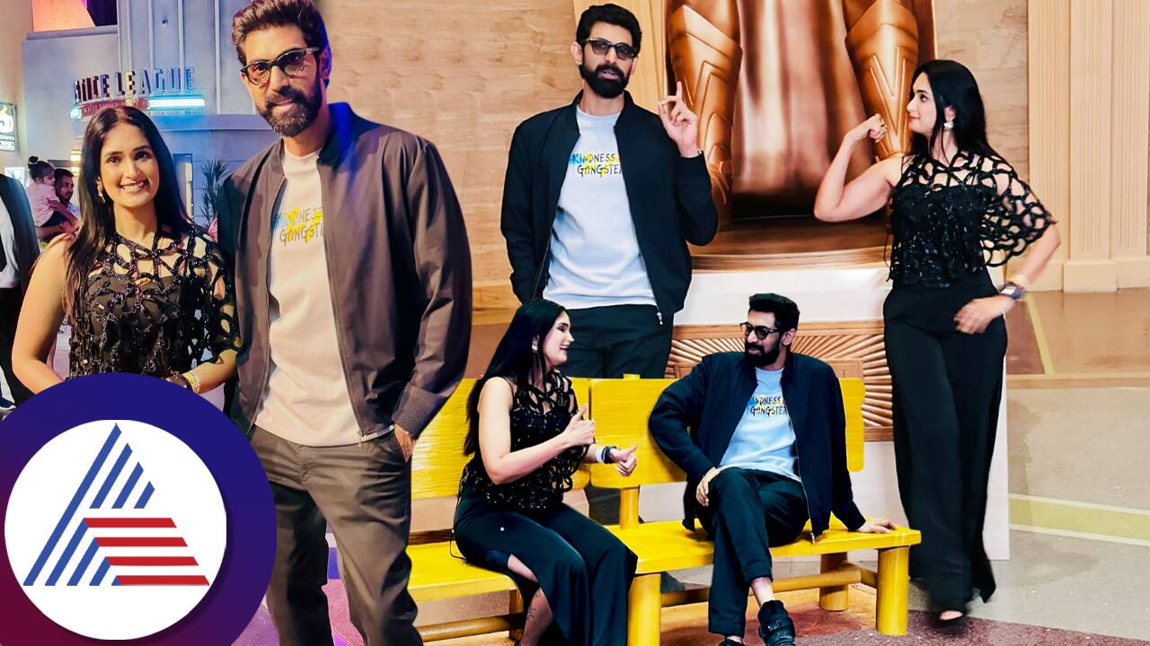 Kannada actress Kavya Shastry with Telugu actor Rana Daggubati at Dubai pav