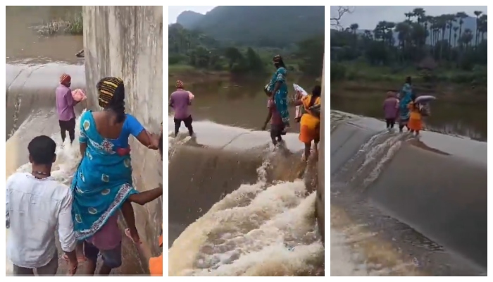 video of a miserable journey home after childbirth that too by crossing the overflowing check dam has gone viral 