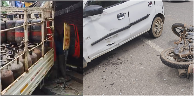 gas pickup van went out of control hit car and bike then rammed into shop in Attingal 