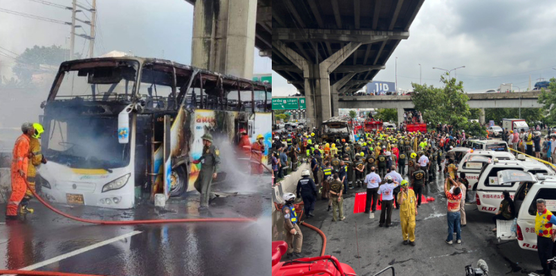 bodies of 23 people recovered after bus transporting school children crashed and caught fire outside Bangkok 