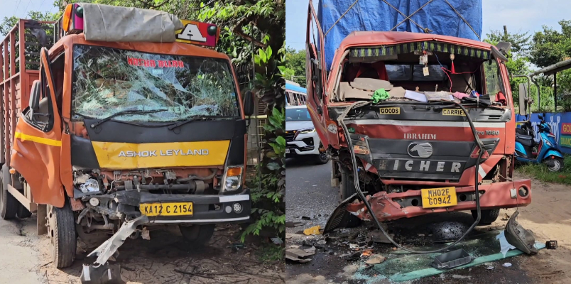 truck lorries from opposite sides rams face to face injures three in Mathilakam