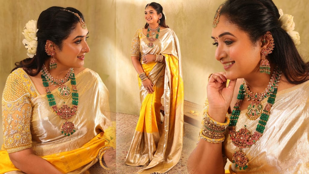 Anitha Vijayakumar celebrate Navaratri First day in dazzling yellow saree gan