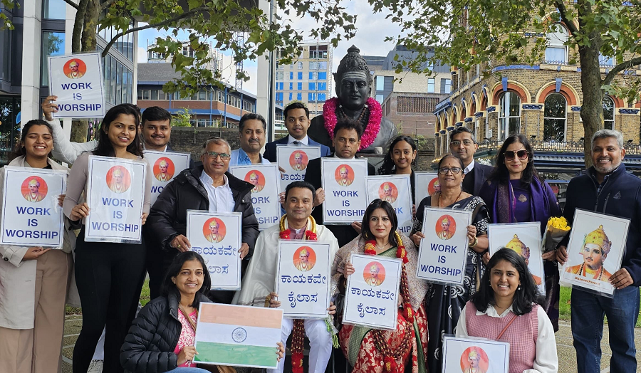 actress pooja gandhi vijay ghorpade visits london couple pays to basaveshwaras statue gvd