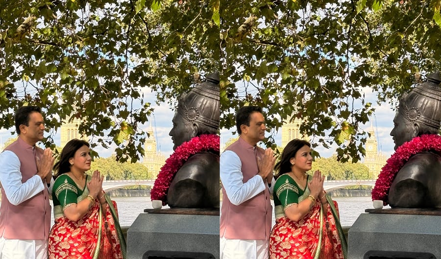 actress pooja gandhi vijay ghorpade visits london couple pays to basaveshwaras statue gvd