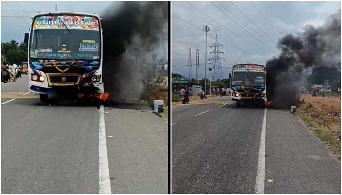 private bus and bike accident burnt bike and one death in thamilnadu theni