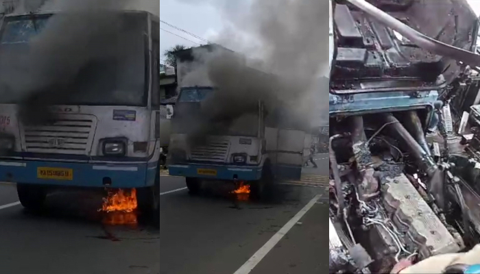 KSRTC bus caught fire in kollam while it was running driver immediately stopped the bus and rescued the passengers