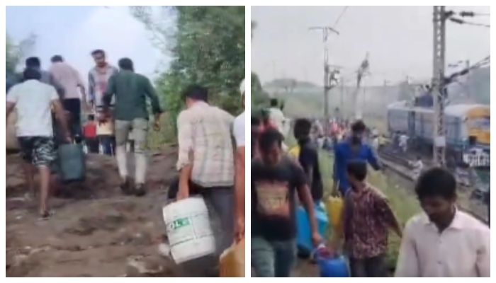 video of Hundreds of people gather to collect diesel when goods train derails goes viral