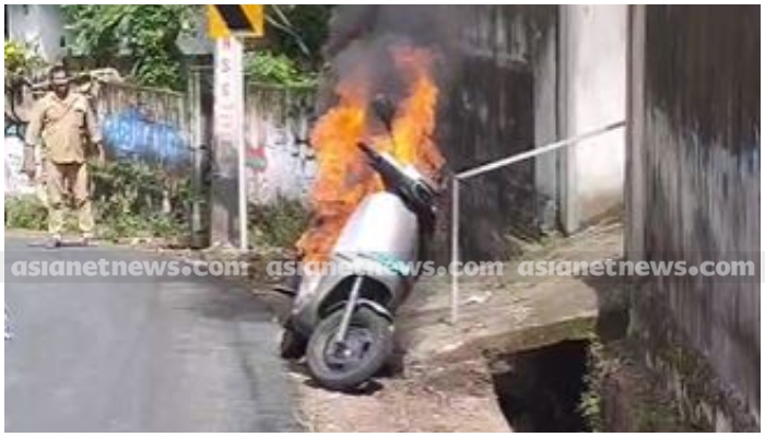 electric scooter catches fire while driving in trivandrum 