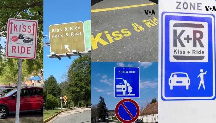 Why is the word Kiss and Ride on the road sign in America mrq