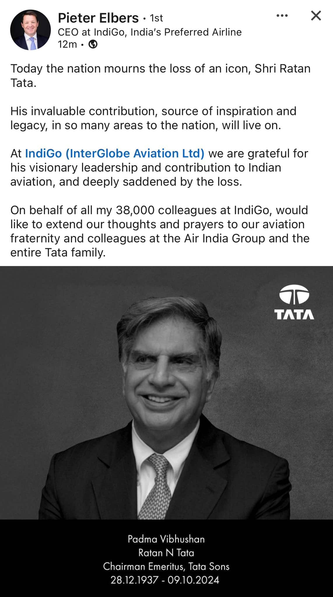 Air India, Vistara, Air India Express make in-flight announcements in heartfelt remembrance of Ratan Tata shk