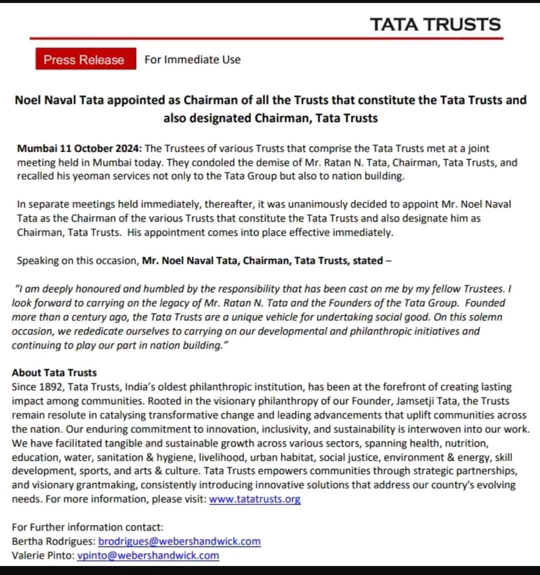 'Deeply honoured, humbled': Noel Tata's first reaction after appointed chairman of Tata Trusts; read statement shk