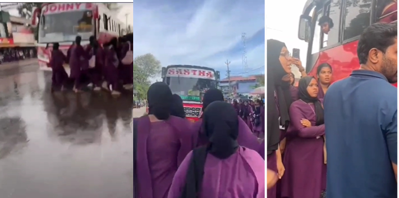 thrissur College students stopped the private bus which was not stopping regularly video viral 