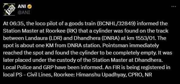 Roorkee LPG cylinder found on railway track another train derailment bid san