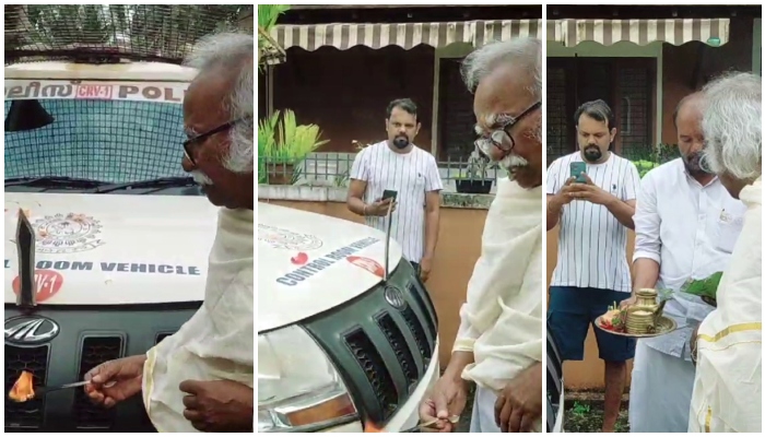 On Vijayadashami day, minister kadannappalli ramachandran performed puja for the police Vehicle