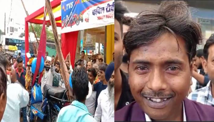 Murari Lal Kushwaha tea seller bought moped throws 60000 rs for celebration with dj and jcb