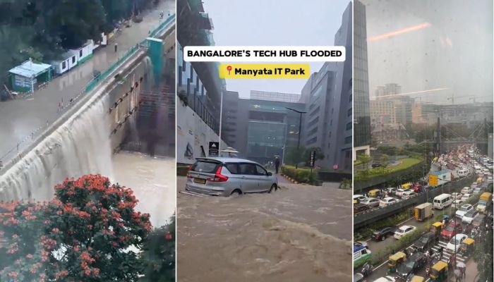 Manyata tech falls Video of rain wreaking havoc in Bengaluru iconic tech park stuns internet WATCH vkp