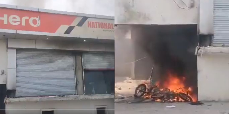 Bahraich tension protesters set fire bike showroom 38 vehicle charred 