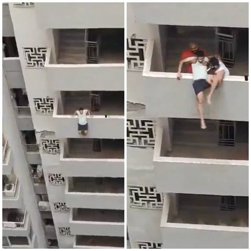 Man tries to jump off 12th floor of Noida building, saved by residents; dramatic rescue goes viral (WATCH)