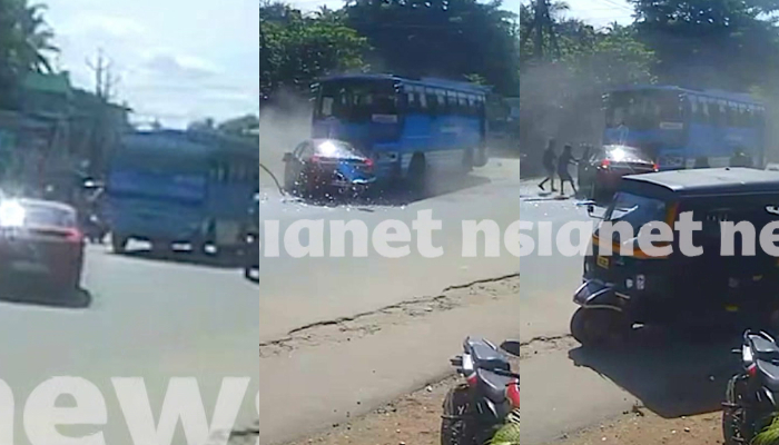 private bus car accident in Karuvannoor car driver died accident cctv visuals out private bus overspeed