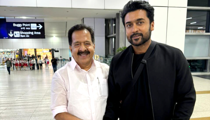 ramesh chennithala shares a pic with suriya sivakumar from delhi airport kanguva