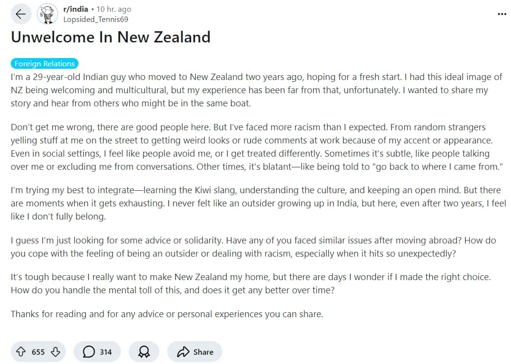 Unwelcomed in New Zealand Indian immigrant's experience with racism sparks online debate; read post snt