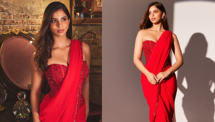 Suhana Khan in Red Manish Malhotra Chiffon Saree