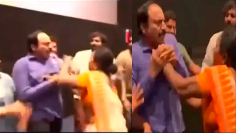 woman slapped Love Reddy movie villain actor N.T.Ram Ramaswamy in theatre video viral