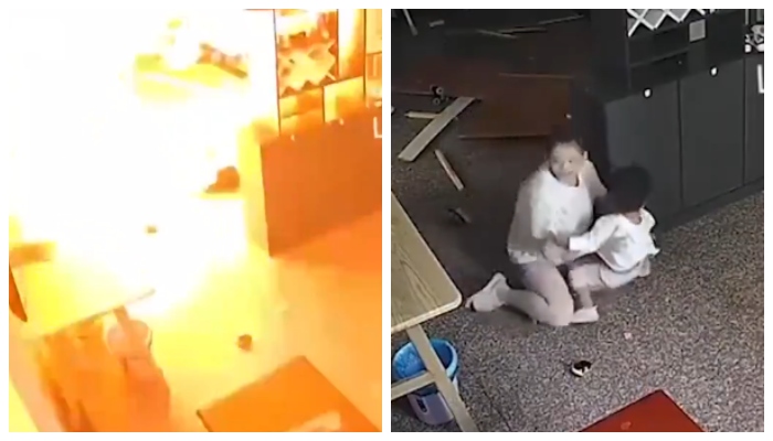 video of mother tries to save her son when a gas cylinder explodes in the kitchen goes viral