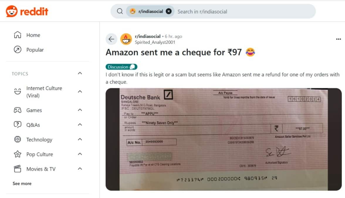 HILARIOUS! Man claims Amazon sent him a Rs 97 refund as cheque, viral post leaves Internet in splits shk